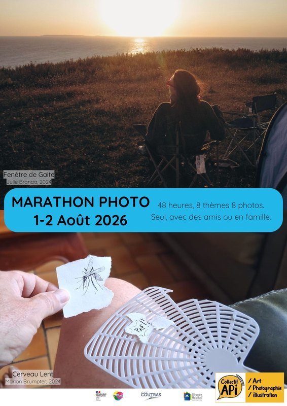 Affiche du Marathon Photo 2026 : 1-2 août 2026, 48 heures, 8 thèmes, 8 photos. Seul, avec des amis ou en famille.